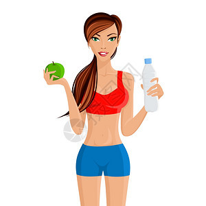 轻健康迷人的女孩保持健康的体重与苹果水饮食锻炼矢量插图图片