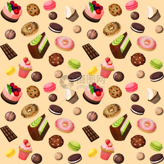 糖果无缝背景蛋糕,巧克力饼干,马卡龙甜甜圈矢量插图图片