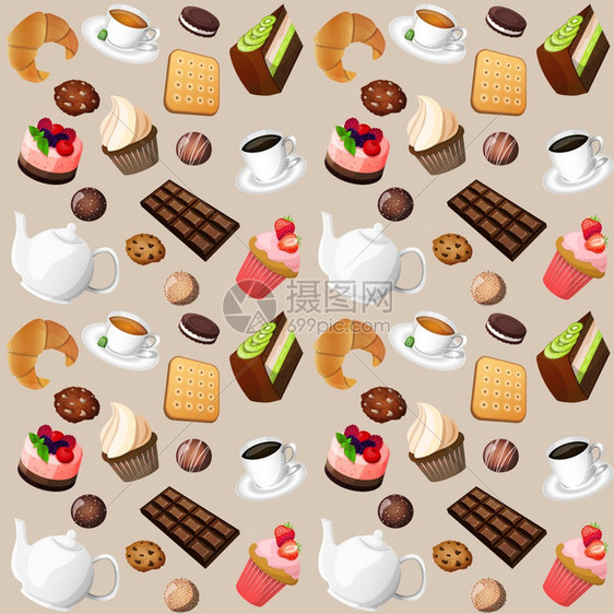 咖啡糖果无缝背景蛋糕巧克力饼干矢量插图图片