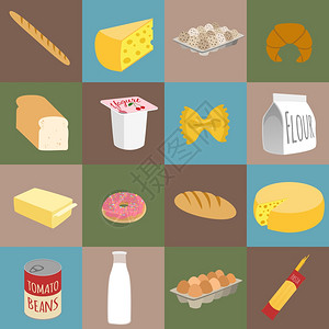 食物平图标套包奶酪蛋盒牛角包孤立矢量插图图片