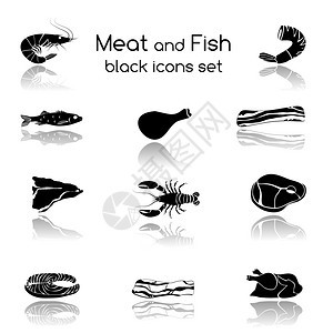 食物鱼肉黑色图标收集蟹肉鲑鱼猪肉牛排分离矢量插图图片