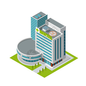 现代三维城市医院建筑与直升机停机坪屋顶等距孤立矢量插图图片