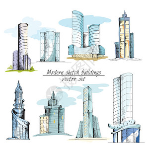 现代城市素描建筑与建筑元素隔离矢量插图图片