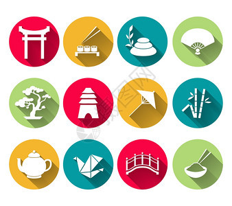 日本符号图标集寿司竹米茶壶矢量插图图片