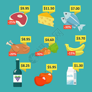 超市食品饮料选择图标价格标签折扣标签平矢量插图图片