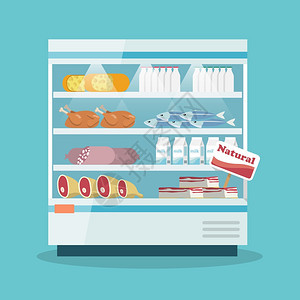 超市热冷冰箱货架食品收集与牛奶鱼肉奶酪鸡肠蛋糕平矢量插图图片