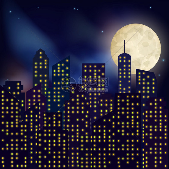 城市夜晚城市与摩天大楼,房子满月黑暗背景海报矢量插图图片