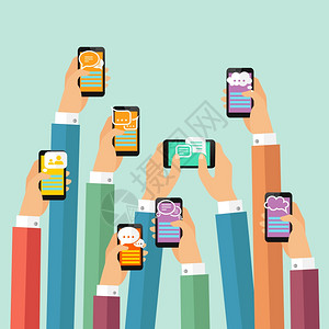 现代移动即时通讯聊天海报与手智能手机矢量插图图片