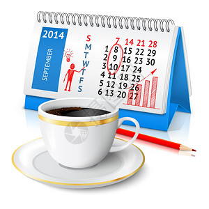 螺旋办公桌办公日历与商业草图,红色铅笔咖啡杯矢量插图图片