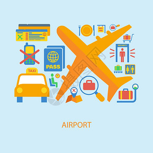 机场平集飞机出租车护照机票图标矢量插图图片