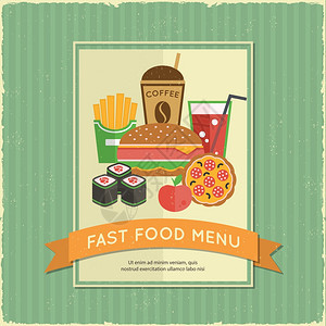 复古快餐菜单海报与丝带三明治薯条饮料矢量插图图片