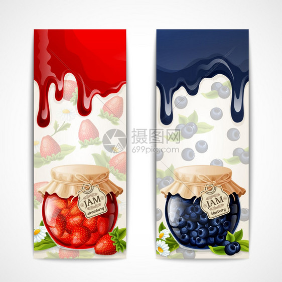 天然机草莓蓝莓果酱璃瓶垂直横幅分离矢量插图图片