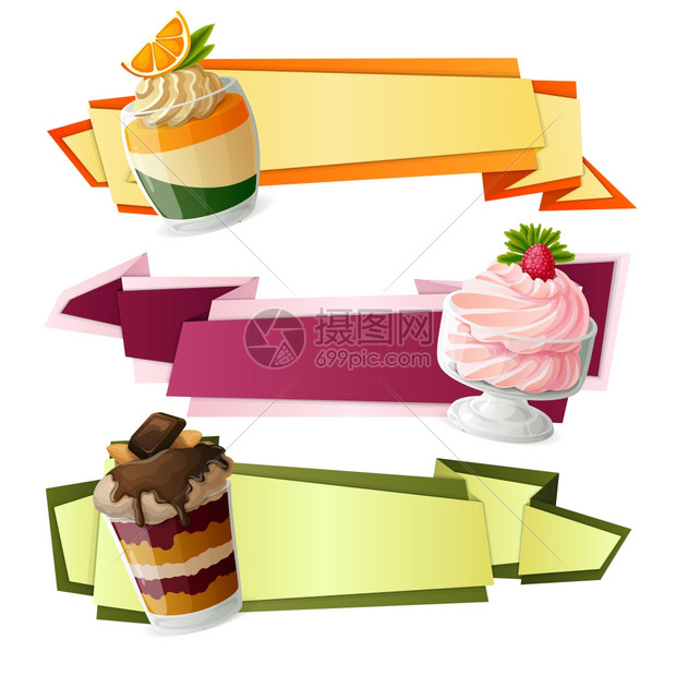 装饰糖果食品纸横幅覆盆子奶油柑橘果冻甜点孤立矢量插图图片