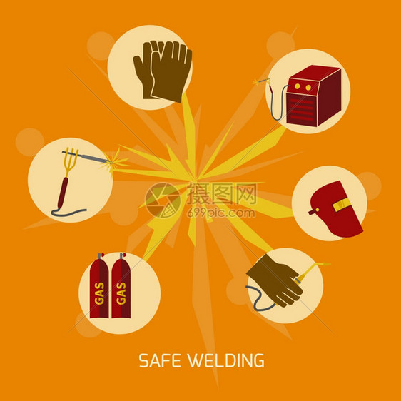 焊工行业施工作业保护安全要素平图标矢量插图图片