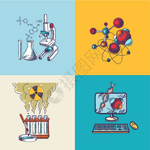 四种装饰主要化学科学DNA分子公式研究计算机工具分离图标涂鸦草图矢量插图图片