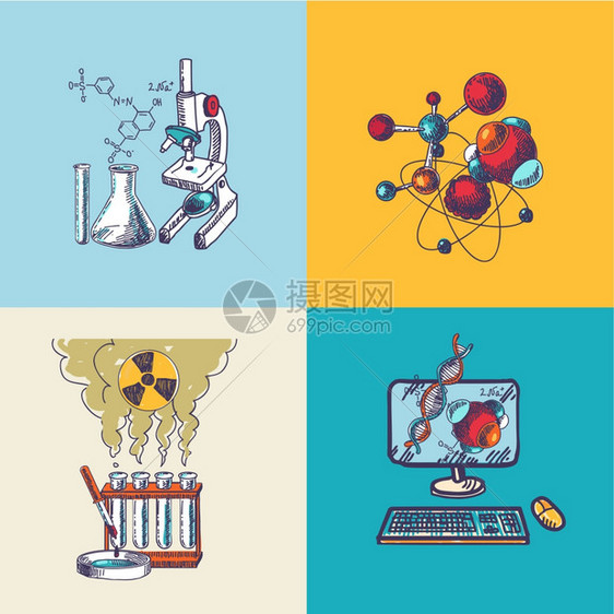 四种装饰主要化学科学DNA分子公式研究计算机工具分离图标涂鸦草图矢量插图图片