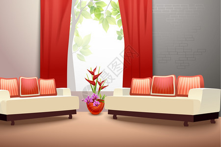 室内客厅与沙发花瓶窗帘矢量插图图片