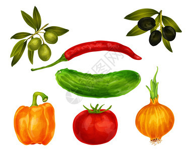 蔬菜机食品橄榄,胡椒,黄瓜,番茄洋葱,分离白色背景矢量图上图片