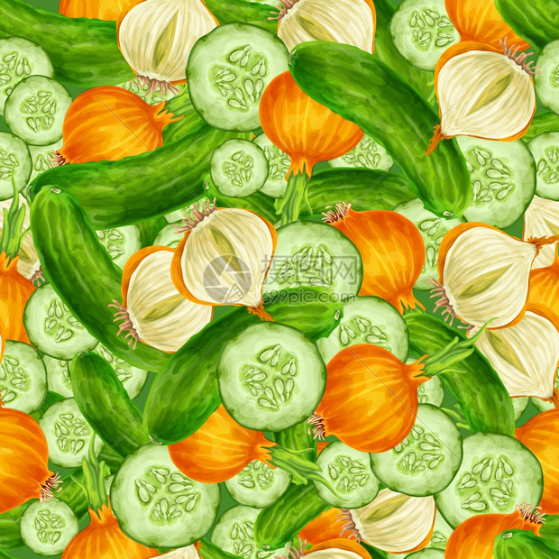 蔬菜机食品无缝背景与黄瓜洋葱矢量插图图片