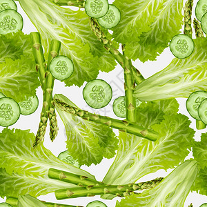 蔬菜机食品混合无缝背景与绿色沙拉黄瓜芦笋矢量插图背景图片