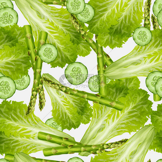 蔬菜机食品混合无缝背景与绿色沙拉黄瓜芦笋矢量插图图片