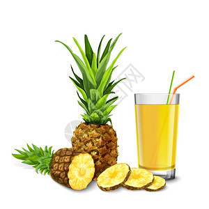 真实的璃,充满果汁与鸡尾酒吸管菠萝水果分离白色背景矢量插图图片
