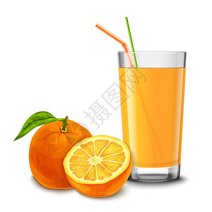 白色背景矢量充满果汁与鸡尾酒吸管橙色水果分离白色背景矢量插图图片