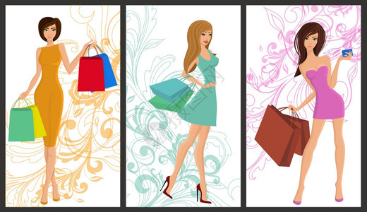 购物女孩轻感女与时尚袋垂直横幅矢量插图图片