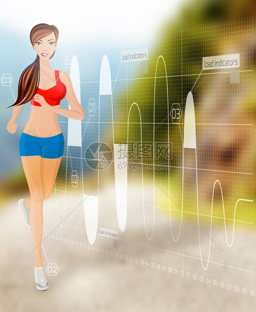 技术背景矢量插图上轻感迷人的轻跑步慢跑妇女的全长肖像图片
