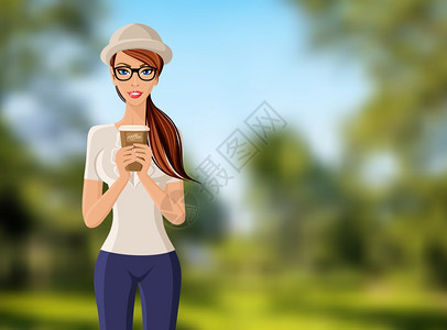 轻女时尚女孩着咖啡杯肖像户外背景矢量插图背景图片