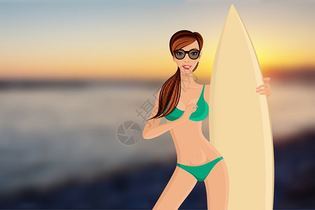 轻适合快乐冲浪女孩比基尼与冲浪板肖像海滨背景矢量插图图片