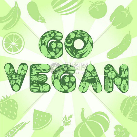 素食素食绿色海报与水果蔬菜背景矢量插图图片