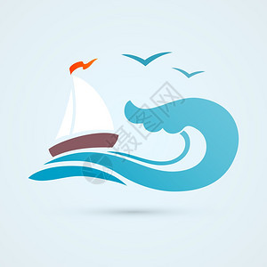 海洋海水波浪与帆船海鸥矢量插图图片