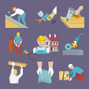 帅男,罗弗职业房屋改进平图标孤立矢量插图插画