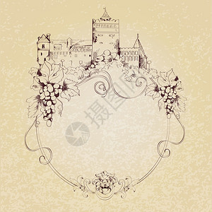老城城堡素描背景与装饰框架矢量插图图片