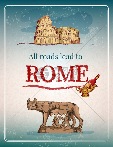 罗马城市复古海报与罗马狼酒瓶矢量插图图片