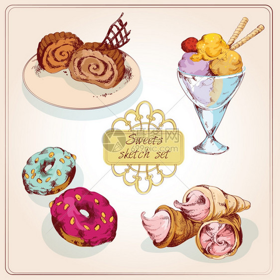 食品糖果包店糕点彩色素描套冰淇淋甜甜圈分离矢量插图图片