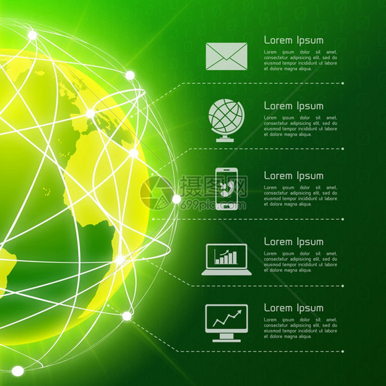 网络地球仪绿色球体地球背景与商业图标矢量插图图片