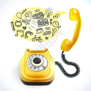 复古风格黄色电话与聊天泡泡涂鸦矢量插图图片素材