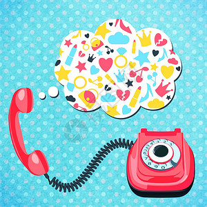 旧复古线电话与聊天语音气泡通信矢量插图图片