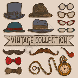 老式绅士套帽子,眼镜,胡子烟草管道贴纸,矢量插图图片