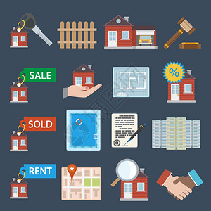 房地产图标集销售,出租,物业,公寓矢量插图图片