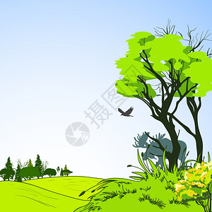 森林边缘落叶乔木与绿草草甸背景生态海报素描矢量插图图片