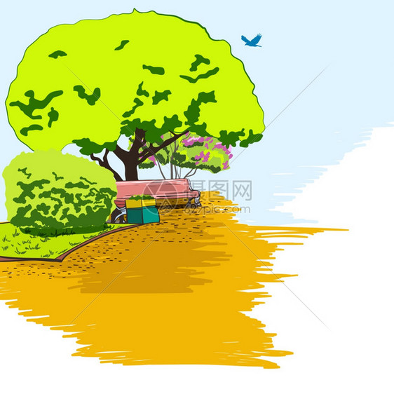 装饰城市公园落叶树与花园长凳黄沙路径海报素描矢量插图图片