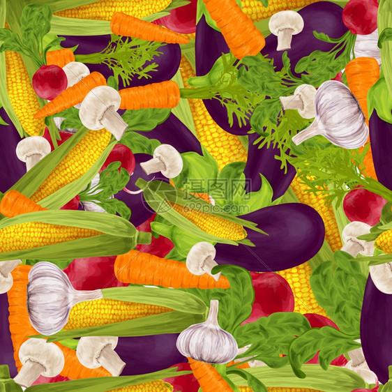 蔬菜机食品现实无缝背景与香槟茄子萝卜矢量插图图片