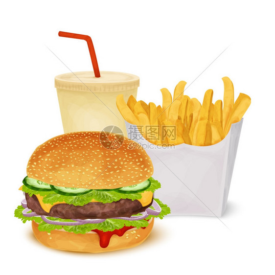 快餐套餐汉堡薯条饮料隔离白色背景矢量插图图片