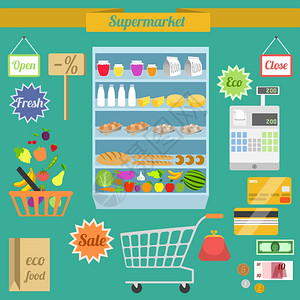 购物icon超市平元素与货架购物车钱包矢量插图插画