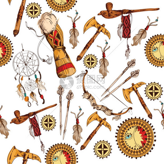 美洲印安人部落手工绘制无缝彩色背景矢量插图图片