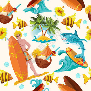 海滩冲浪夏季无缝背景与冲浪鲨鱼棕榈岛矢量插图图片