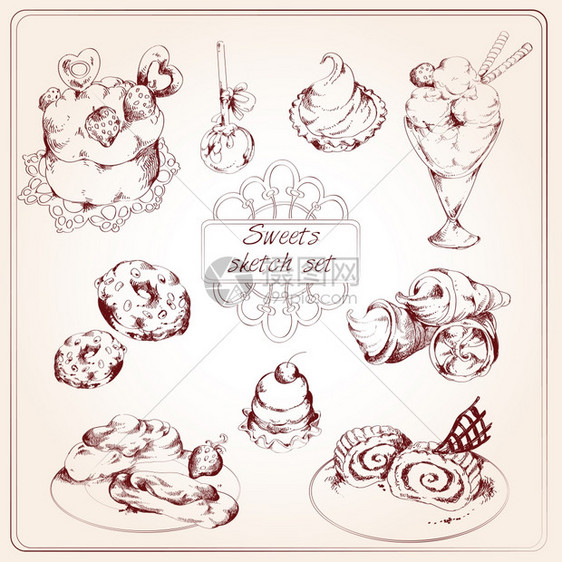 食品糖果包店糕点素描套冰淇淋糖果饼干孤立矢量插图图片